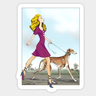 Blonde girl walking her Azawakh. Sticker